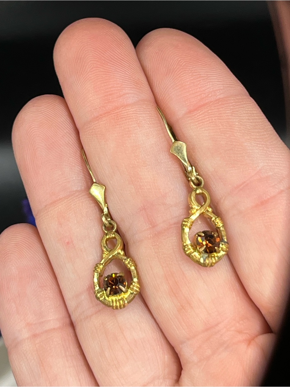 Vtg Gold-Tone Drop Earrings with Brown Gemstones